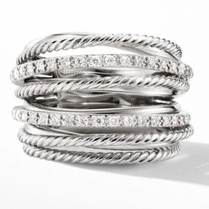 David Yurman Crossover Ring in Sterling Silver w/ Pavé Diamonds -  Size 5.5